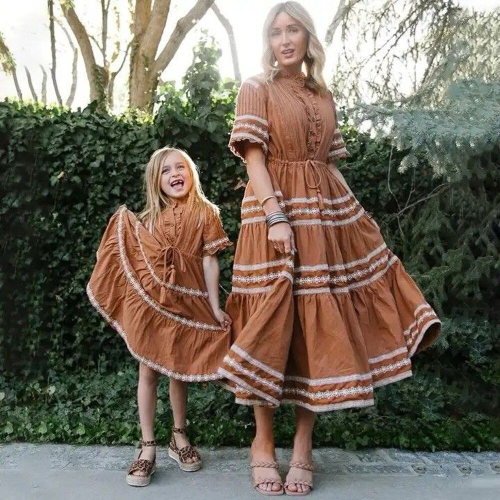 Ivy City Co. Cotton Santorini Dress L Brown Tiered Lace Trim Pintuck Midi Boho - Picture 1 of 10